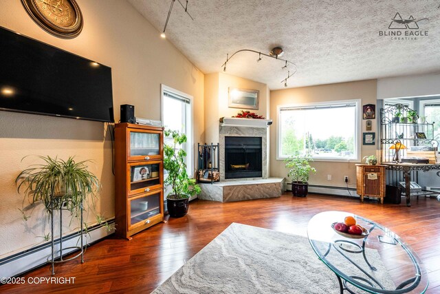 2000 Wenmatt Cir, Anchorage, AK 99517 - living room with baseboard heating, a fireplace, plenty of natural light, wood finished floors, and a textured ceiling