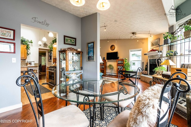 2000 Wenmatt Cir, Anchorage, AK 99517 - dining area with wood finished floors, a fireplace with raised hearth, and rail lighting