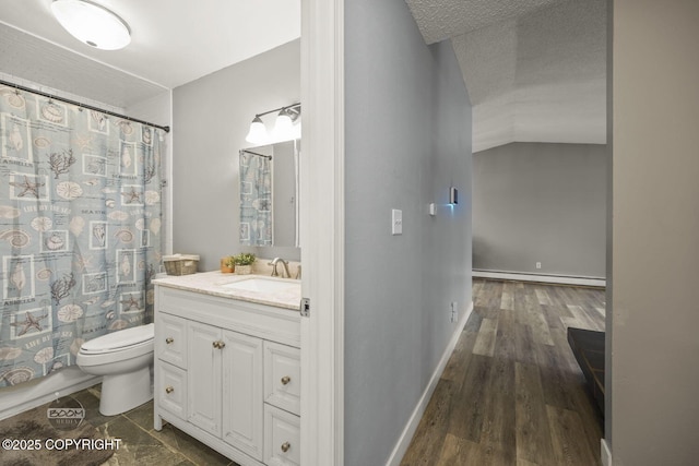 1851 E 53rd Ave, Anchorage, AK 99507 - bathroom featuring wood finished floors, vanity, baseboards, a baseboard heating unit, and toilet
