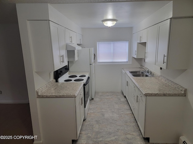 3505 Iowa St, Anchorage, AK 99517 - kitchen featuring a baseboard radiator, under cabinet range hood, white electric stove, a sink, and light countertops