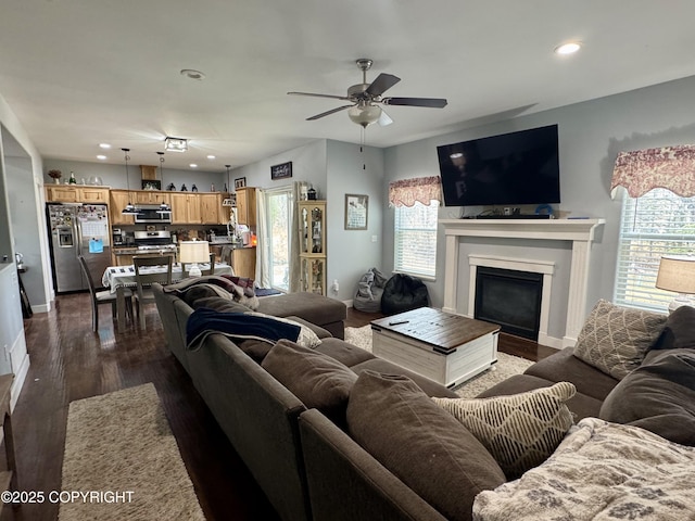 living room featuring a healthy amount of sunlight, a fireplace, a ceiling fan, and dark wood-type flooring