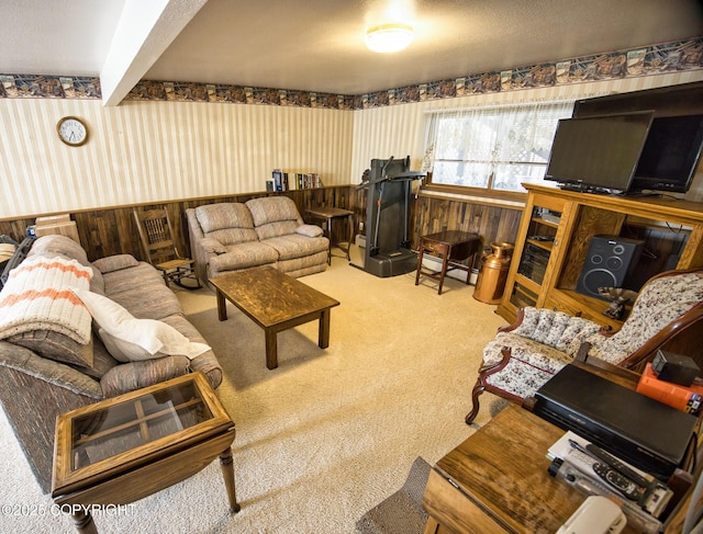 104 Beech Ave, Kenai, AK 99611 - living room with wallpapered walls, carpet, a wainscoted wall, and wooden walls