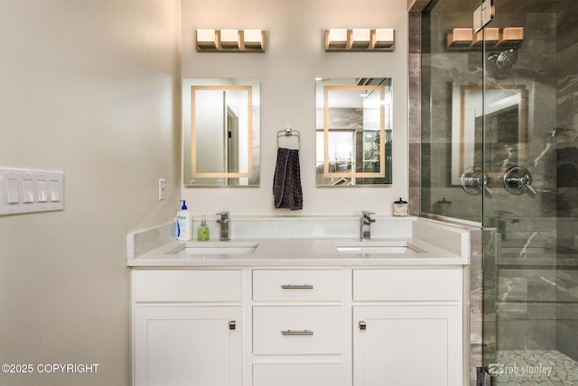 3030 E Sandman Cir, Wasilla, AK 99654 - bathroom with a stall shower and double vanity