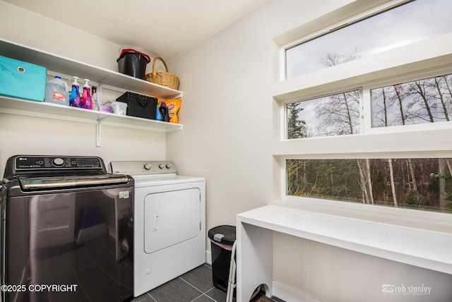 3030 E Sandman Cir, Wasilla, AK 99654 - laundry room featuring washer and dryer and dark tile patterned flooring