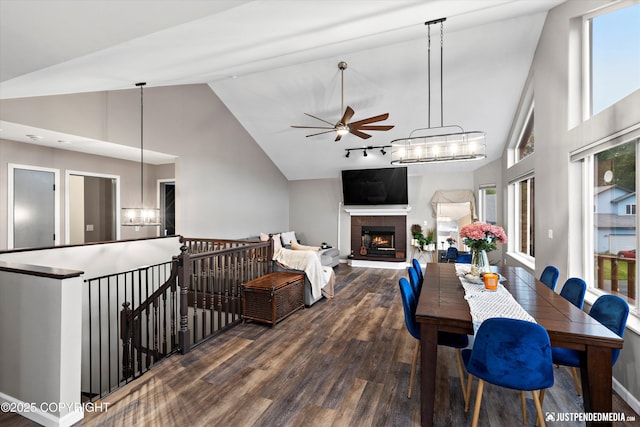 800 Howard Cir, Anchorage, AK 99504 - dining space with high vaulted ceiling, a ceiling fan, wood finished floors, healthy amount of natural light, and a chandelier