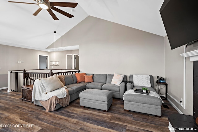 800 Howard Cir, Anchorage, AK 99504 - living area with a ceiling fan, high vaulted ceiling, wood finished floors, baseboards, and a chandelier