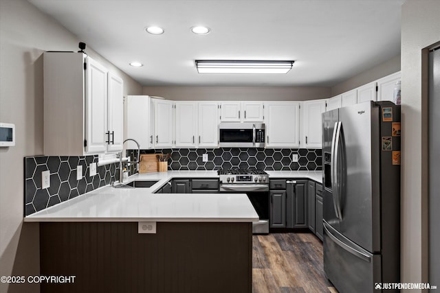 800 Howard Cir, Anchorage, AK 99504 - kitchen featuring appliances with stainless steel finishes, a sink, a peninsula, dark wood-style floors, and tasteful backsplash