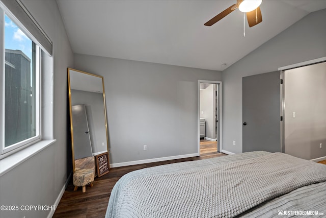 800 Howard Cir, Anchorage, AK 99504 - bedroom with dark wood-style floors, vaulted ceiling, baseboards, and a ceiling fan