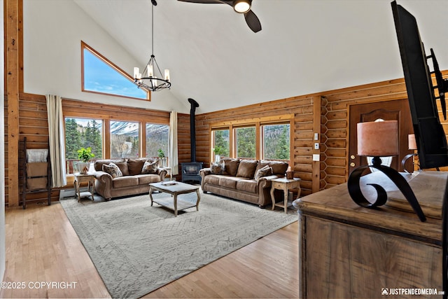 3915 Hiland Rd, Eagle River, AK 99577 - living room featuring a wood stove, rustic walls, high vaulted ceiling, light wood-type flooring, and ceiling fan