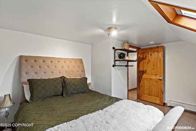 3915 Hiland Rd, Eagle River, AK 99577 - bedroom featuring a baseboard heating unit, a skylight, and vaulted ceiling