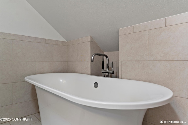 3915 Hiland Rd, Eagle River, AK 99577 - full bathroom featuring tile walls, lofted ceiling, a freestanding bath, and a sink