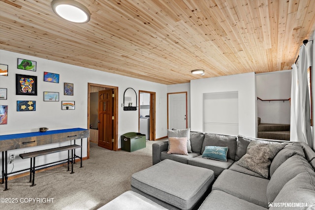 3915 Hiland Rd, Eagle River, AK 99577 - living area featuring wood ceiling, carpet, and stairs
