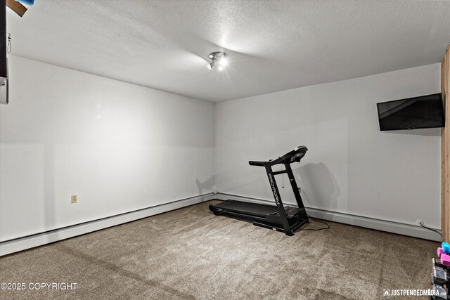 3915 Hiland Rd, Eagle River, AK 99577 - workout area with carpet floors, a textured ceiling, baseboard heating, and baseboards