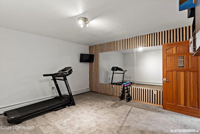 3915 Hiland Rd, Eagle River, AK 99577 - exercise room featuring carpet flooring and a baseboard radiator