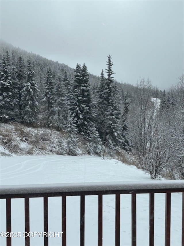 3915 Hiland Rd, Eagle River, AK 99577 - snowy yard featuring a wooded view