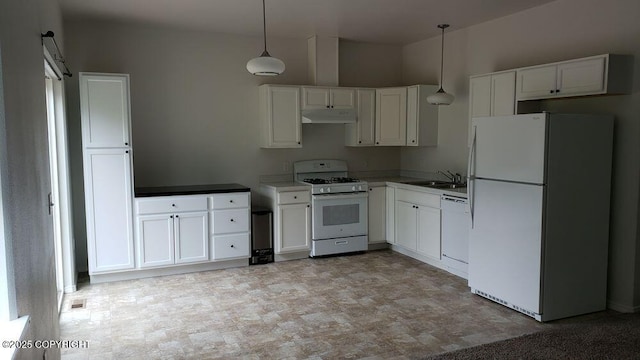 kitchen with a sink, white cabinetry, under cabinet range hood, and white appliances