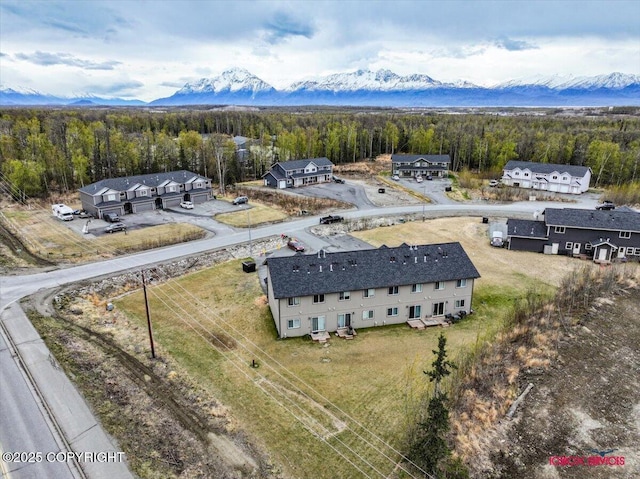 birds eye view of property featuring a wooded view and a mountain view