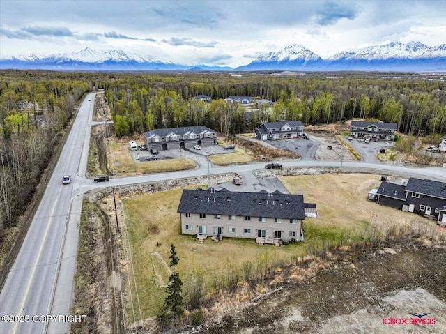 drone / aerial view featuring a mountain view and a forest view