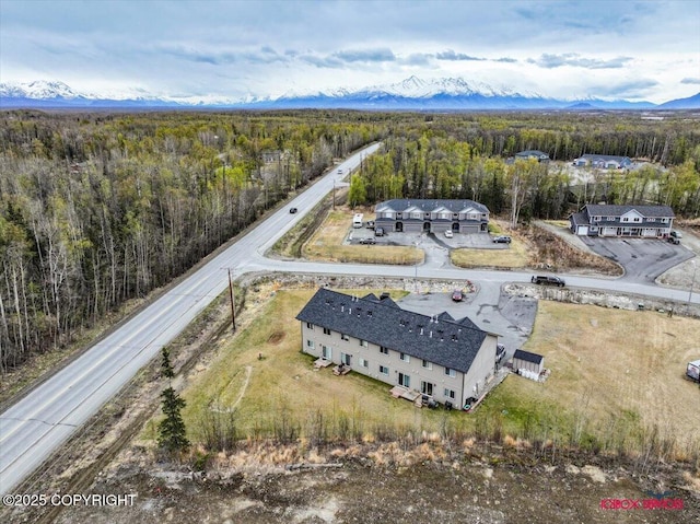 birds eye view of property with a wooded view and a mountain view