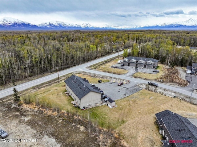 drone / aerial view with a wooded view and a mountain view
