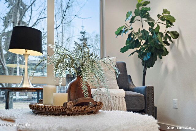 living area featuring baseboards