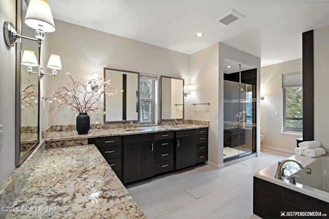 bathroom with a sink, a stall shower, toilet, and double vanity