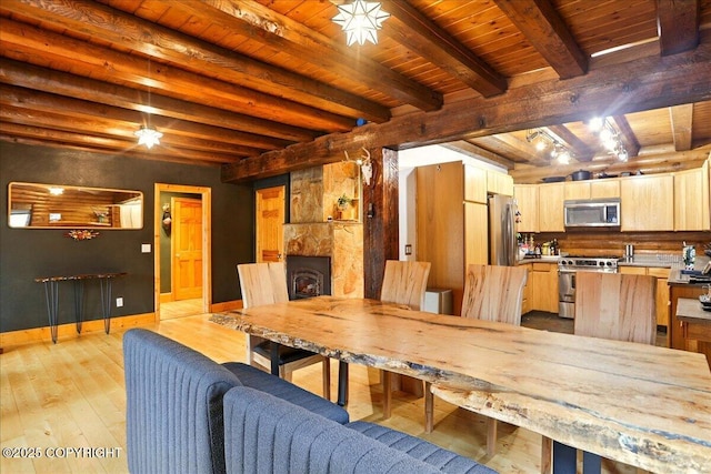 17720 Werre St, Chugiak, AK 99567 - dining room with wood ceiling, beamed ceiling, light wood-style flooring, and baseboards