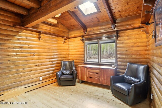 17720 Werre St, Chugiak, AK 99567 - sitting room with wood ceiling, a skylight, log walls, and light wood finished floors