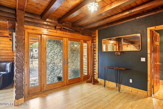 17720 Werre St, Chugiak, AK 99567 - entryway with wood ceiling, beamed ceiling, plenty of natural light, hardwood / wood-style floors, and log walls