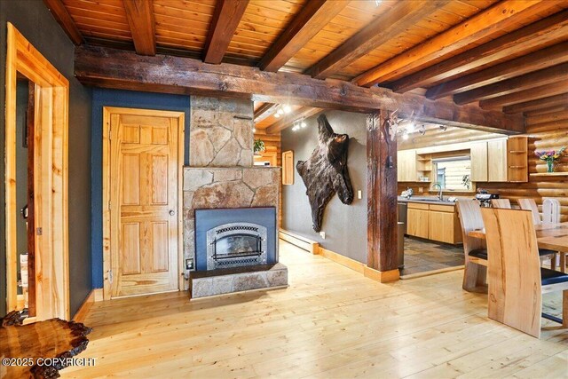 17720 Werre St, Chugiak, AK 99567 - unfurnished living room with wood ceiling, baseboard heating, hardwood / wood-style floors, beamed ceiling, and a sink