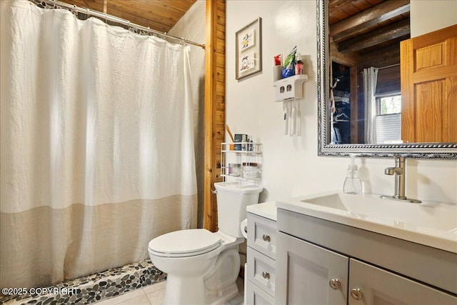 17720 Werre St, Chugiak, AK 99567 - full bath featuring toilet, vanity, tile patterned floors, wood ceiling, and a shower with curtain