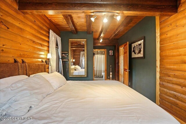 17720 Werre St, Chugiak, AK 99567 - bedroom featuring beam ceiling, rustic walls, and wooden ceiling