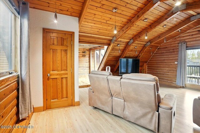 17720 Werre St, Chugiak, AK 99567 - living area featuring wood finished floors, wooden ceiling, and log walls