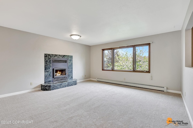 3211 Shamrock St, Anchorage, AK 99504 - unfurnished living room with a baseboard heating unit, carpet floors, and a premium fireplace