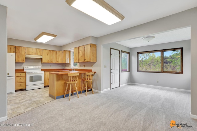 3211 Shamrock St, Anchorage, AK 99504 - kitchen featuring white appliances, under cabinet range hood, light colored carpet, and a peninsula