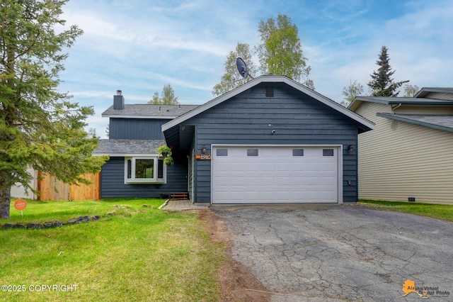 8980 Rendon Dr, Anchorage, AK 99507 - view of front of house featuring driveway, a front yard, a chimney, a garage, and roof with shingles