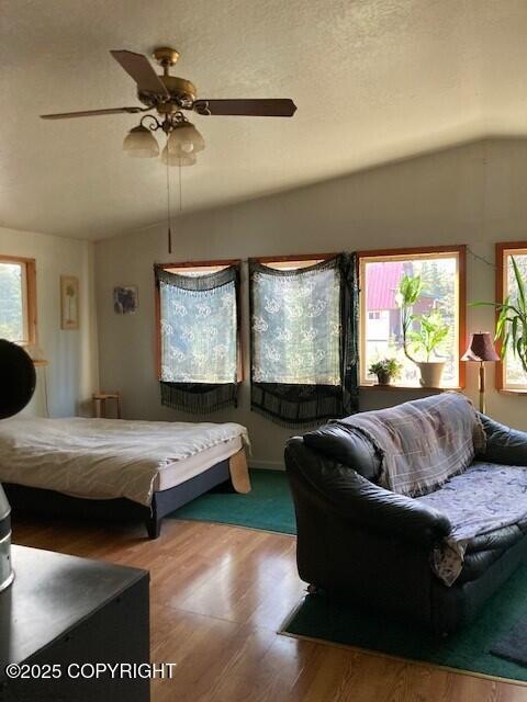 19405 Ridge St, Kasilof, AK 99610 - bedroom with ceiling fan, lofted ceiling, multiple windows, and wood finished floors