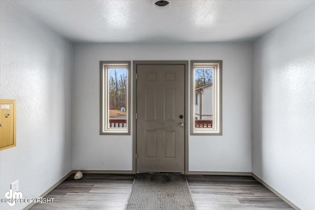 2601 E Quiet Cir, Wasilla, AK 99654 - foyer entrance with a textured ceiling, baseboards, and wood finished floors