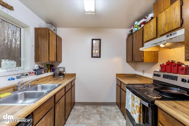 2601 E Quiet Cir, Wasilla, AK 99654 - kitchen with a sink, under cabinet range hood, stainless steel electric stove, and light countertops