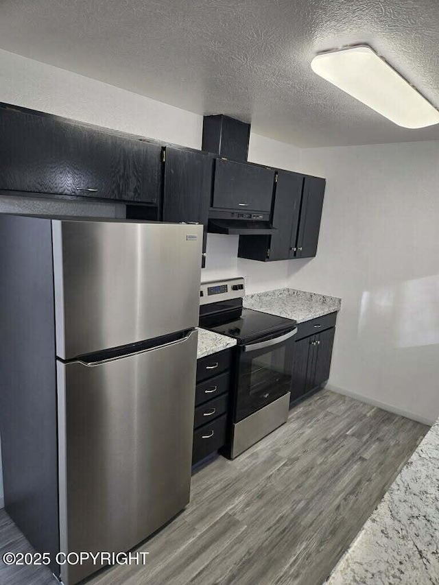 2601 E Quiet Cir, Wasilla, AK 99654 - kitchen featuring light wood-style floors, dark cabinetry, under cabinet range hood, and stainless steel appliances