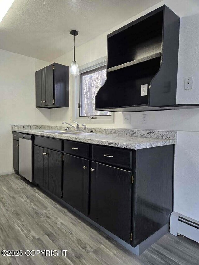 2601 E Quiet Cir, Wasilla, AK 99654 - kitchen featuring stainless steel dishwasher, a sink, dark cabinets, and light wood-type flooring