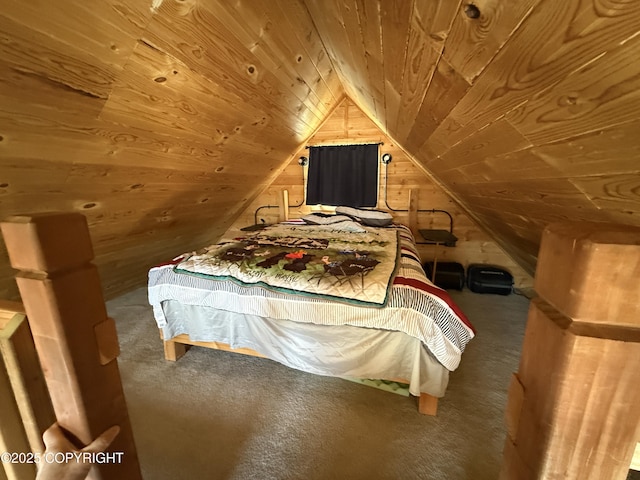 bedroom with wood ceiling, wooden walls, lofted ceiling, and carpet flooring