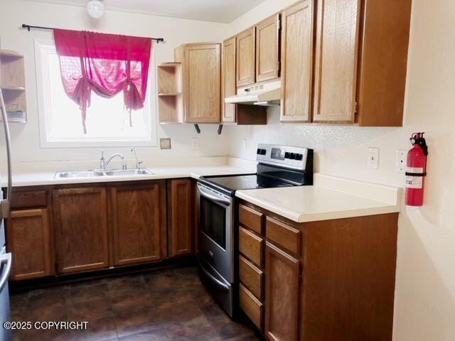 kitchen with a sink, under cabinet range hood, open shelves, stainless steel range with electric cooktop, and light countertops