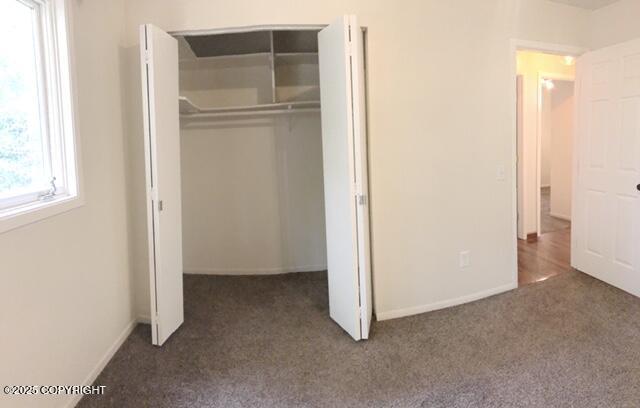 unfurnished bedroom with a closet, carpet flooring, and baseboards
