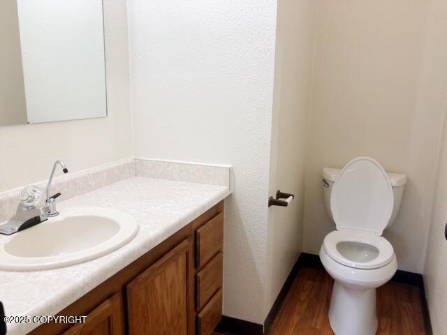 bathroom with baseboards, wood finished floors, toilet, and vanity