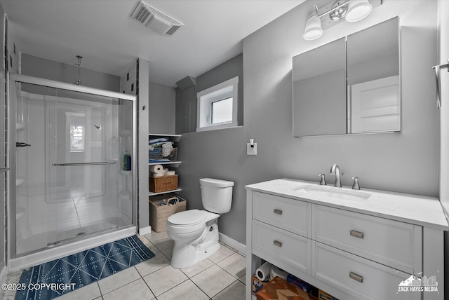 full bath featuring vanity, a shower stall, toilet, and visible vents