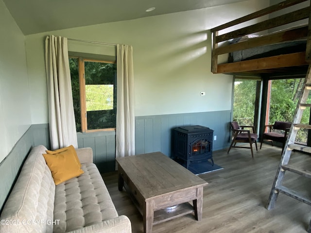 interior space with a wood stove