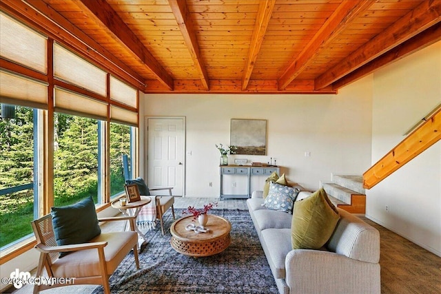 25925 Williamson Ln, Kasilof, AK 99610 - living room with a wood ceiling with exposed beams and stairway