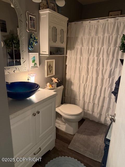 1217 Madsen Ave, Kodiak, AK 99615 - bathroom with vanity, curtained shower, toilet, and wood finished floors
