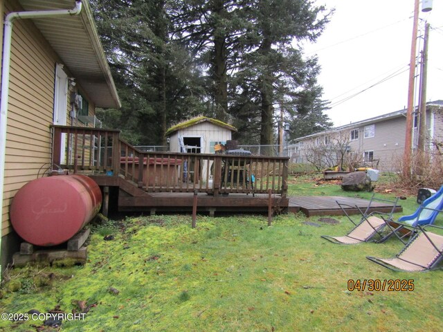 1217 Madsen Ave, Kodiak, AK 99615 - wooden terrace with an outbuilding, heating fuel, a yard, and a shed